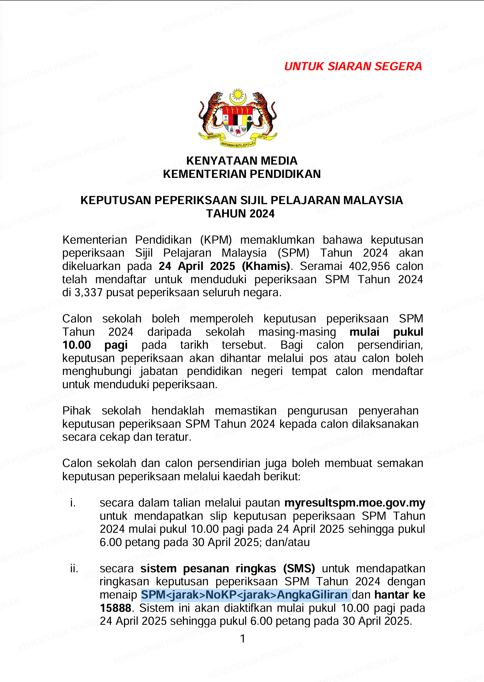 2024 SPM Results to be Released on Thursday, April 24, 2025